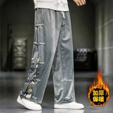 Pantalones gruesos de terciopelo de pierna ancha para hombre estilo chino pantalones abotonados informales rectos