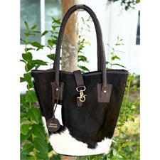 Bolso de Mano Nuevo con Etiquetas Cuero Genuino Piel de Vaca Pelo Sobre Piel Negro Blanco Marrón
