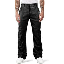 Pantalón cargo de cuero de cordero para hombre acampanado campana parte inferior con bolsillos moda