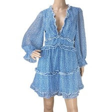 Mini Vestido Para Mujer Talla S Azul Chifón Espalda Abierta Volantes Manga Abullonada Nuevo Sin Etiquetas