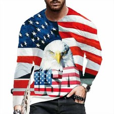Camiseta Manga Larga Estampado Águila USA Bandera Hombre Informal Deporte