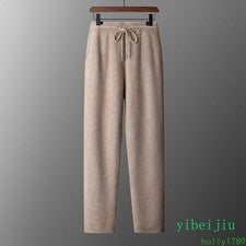 Pantalones de Lana Gruesos Otoño Invierno Informales Sueltos Cintura Alta Pantalones Largos Elastizados