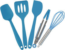 Juego Utensilios Cocina Mini 5 Piezas Silicona Ninos Batidor Pinzas Cuchara Azul