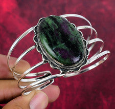 Brazalete ajustable hecho a mano de plata de ley 925 con piedras preciosas de zoisita de rubí joyería