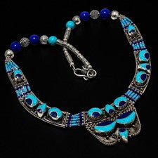 Collar Nepalí Turquesa Lapislázuli Hecho a Mano Boho Plata de Ley 925 18" C69