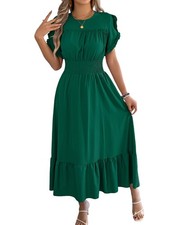 "Mujer Vestido midi con volantes y detalles ahumados, cuello redondo, cómodo para5226"