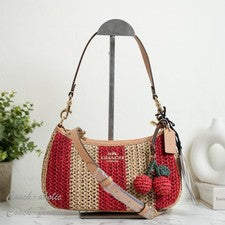 Bolso de Hombro Coach CER34 Teri con Rayas y Dije Dorado/Rojo/Tostado Nuevo con Etiquetas