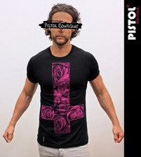 Pistol Boutique Hombre Ajustado Negro Cuello Redondo Dibujo Rosas Cross Moda
