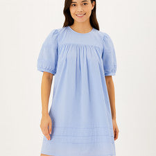 Mujer Azul Puff Manga Mini Vestido Fruncido Verano Amplio Vintage Moda Informal