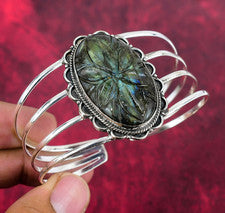 Brazalete ajustable de plata 925 hecho a mano con piedras preciosas de labradorita flor tallada joyería