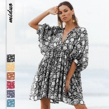Verano Moda Mujer Floral Corbata Suelta Informal Vestido Mar Vacaciones Falda Corta