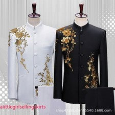 Traje de hombre con cuello alto chaqueta negra estilo chino abrigo de un solo pecho pantalones
