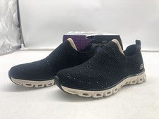 Zapatillas Skechers para mujer Glide Step brillantes negras/doradas sin cordones talla 5 nuevas *