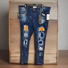 Pantalones de mezclilla Evolution FWRD para hombre ajustados desgastados parcheados moda urbana elásticos 40x32