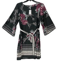 Vestido recto NY Collection para mujer 2X negro floral elástico borde dobladillo manga 3/4