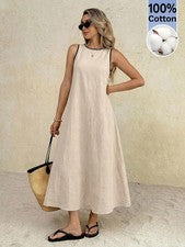 Elegante Vestido Largo Mujer Color Albaricoque Cuello Redondo
