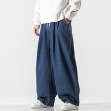 Pantalones de mezclilla holgados para hombre Pantalones sueltos Pierna ancha Cordón Jeans Informales Moda
