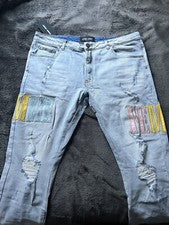 HOMME + FEMME Hombre Azul Denim Desgastado Multicolor Logo Talla 38 Nuevo con Etiquetas