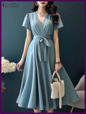 ZANZEA 2024 Elegantes vestidos de línea A de manga corta para mujer, moda de co