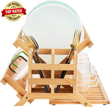 Estante de secado de platos de bambú, estante escurridor de platos de madera plegable de 3 niveles con utensilios