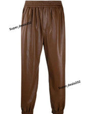 Pantalones de chándal de cuero marrón de piel de cordero para hombre informales suaves atléticos ropa de estilo callejer