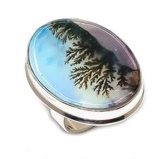 Anillo de joyería de plata de ley 925 hecho a mano con piedras preciosas de ópalo de dendrita talla 9 h553