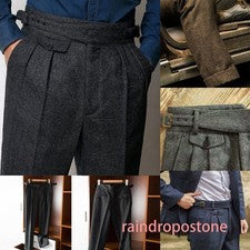Hombres Retro Tweed GURKHA Pantalones Espiga Lana Pantalones Informal Traje de Negocios Pantalón
