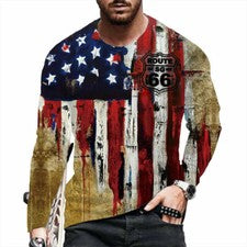 ⭐Camiseta Manga Larga Hombre Ruta 66 Gráfico Moda Camiseta Bandera Americana Top