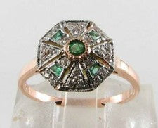 ANILLO ART DECO ORO ROSA 9K ESMERALDA COLOMBIANA Y DIAMANTES TALLA GRATIS