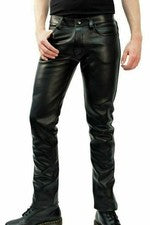 Pantalón negro de cuero de cordero genuino para hombre estilo informal hecho a mano