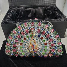 Mujer Lujo Multicolor Estrás Pavo Real Noche Bolso sin asas Monedero Bolso (Nuevo)