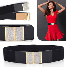 Mujer Cinturón Elástico 65mm Negro con Hebilla de Estrás Moda Vestido de Fiesta