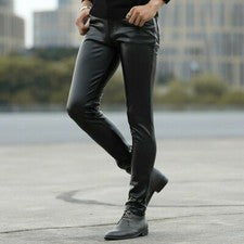 Pantalones de cuero sintético para hombre negros PU Leggings elásticos aspecto húmedo pantalones ajustados moda