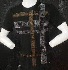 Hombres Moda Italiana Manga Corta Negro Camiseta Estrás Dorado/Plateado Llave Griega