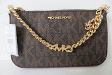 Bolso Michael Kors NUEVO CON ETIQUETAS Para Mujer POUCHETTE Pequeño Cadena - Lona Recubierta Marrón Precio de venta suge