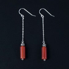 Pendientes Largos Ágata Rojo Cilindro Plata 925 Ennegrecido Mujer Pendientes