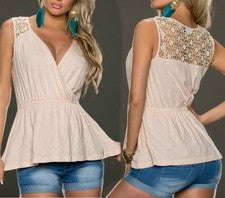 Sexy Miss Mujer Moda Larga Top Romántica Ganchillo Encaje V Escote 36 38 Rosa