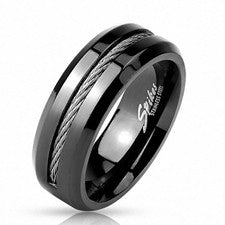 Anillo de correa de joyería de acero inoxidable para hombre cable enmarcado negro anillo de banda de motorista