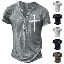 Camisa Henley Para Hombres Manga Corta Vintage Informal Suelta Cuello en V Pullover Camiseta Prendas para el torso