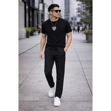 Pantalones informales ajustados para hombre negros con cordón cintura elástica inteligentes informales