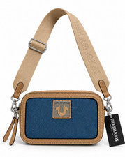 Bolso Bandolera NUEVO CON ETIQUETAS TRUE RELIGION Herradura Denim Cámara - Marrón Tostado y Azul Logo