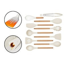 Juego de utensilios de silicona con asas de madera incluye pinzas cuchara mesa