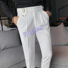 Traje Pantalón Estilo Británico Cintura Alta Hombres Negocios Formales Pantalones Ajustados Informales Pantalones