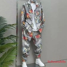 Ropa de calle Hombres Estampado Chaqueta Abrigo y Pantalones Conjunto Informal Moda 2 Piezas Moda Traje