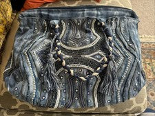 Bolso de Mano Guadalupe Designs Enorme Denim Azul Adornado con Cuentas Espejos Algodón