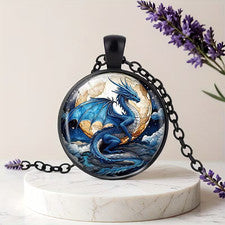 Collar redondo azul dragón joyería colgante gótico mágico