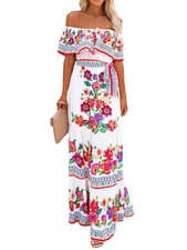 Damen Mexikanisches Sommerkleid mit Blumendruck, Schulterfrei, Ärmellos, La4369