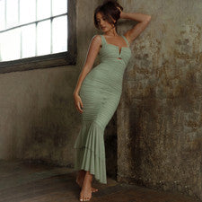 Sexy Vestido Para Mujer Correa Retazos Moda Especias Apretado Plisado Cola de Pescado Vestido
