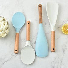 Set utensilios cocina silicona mango madera antiadherente
