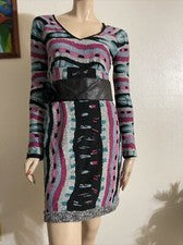 Vestido para mujer gris a rayas de cuero poliéster informal elástico ajustado con cinturón talla M